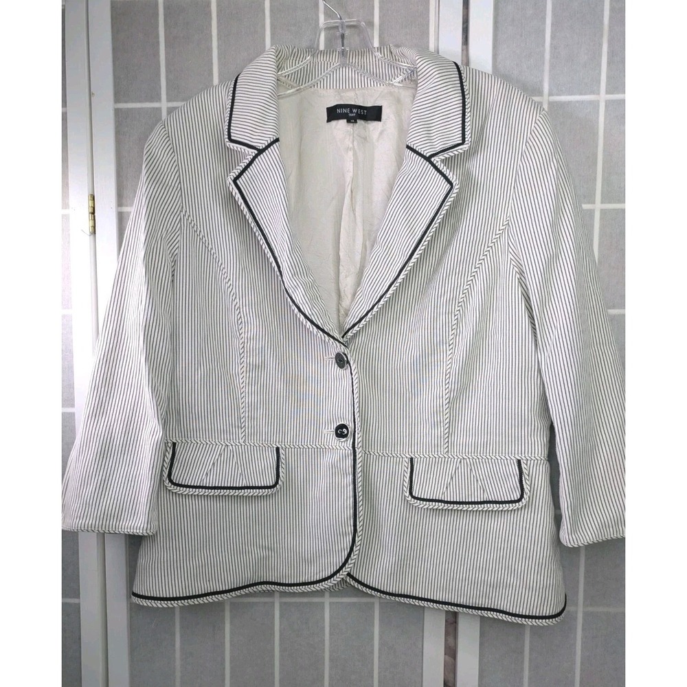 Nine West White Pinstripe Blazer with Black Trim